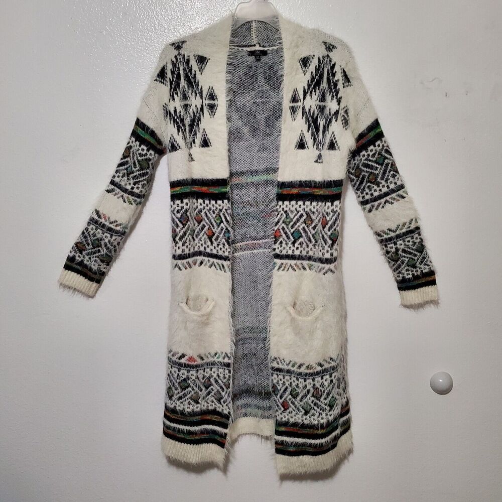 MM My Michelle Cardigan Long Sweater Womens M Aztec Fuzzy Eyelash Knit Pockets
